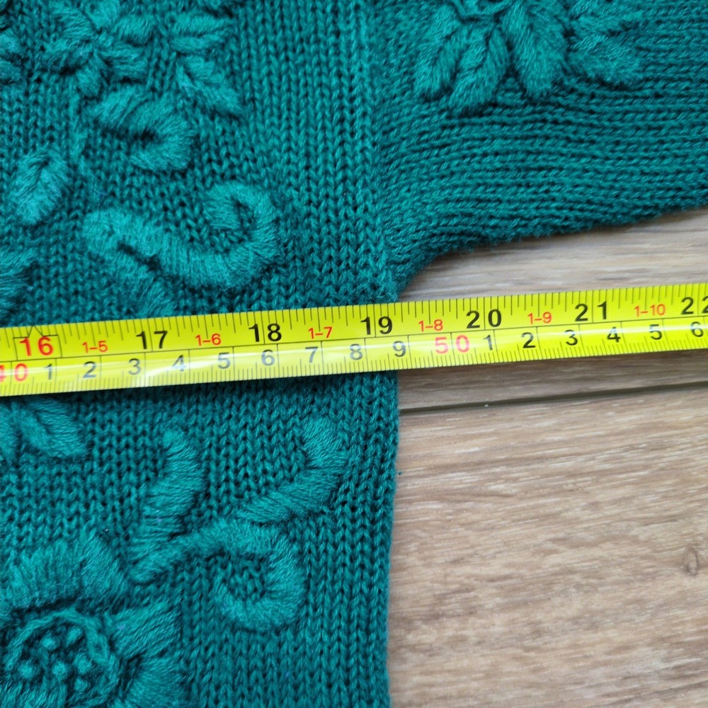 Cape Isle Knitters Floral Embroidered Sweater Teal Green Textured Chunky Cotton - Picture 6 of 8